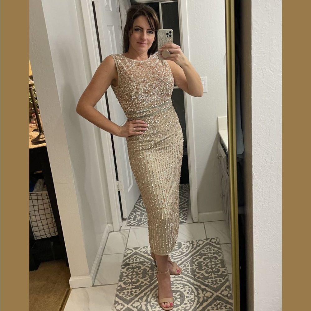 $398 Mac Duggal 10509 Midi Sheath SequinCocktail Dress in Nude 214/090 - Picture 12 of 15